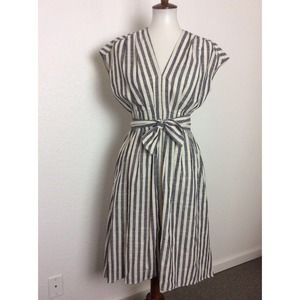 Max Studio Asymmetric Dress V Neck Tie Waist Striped